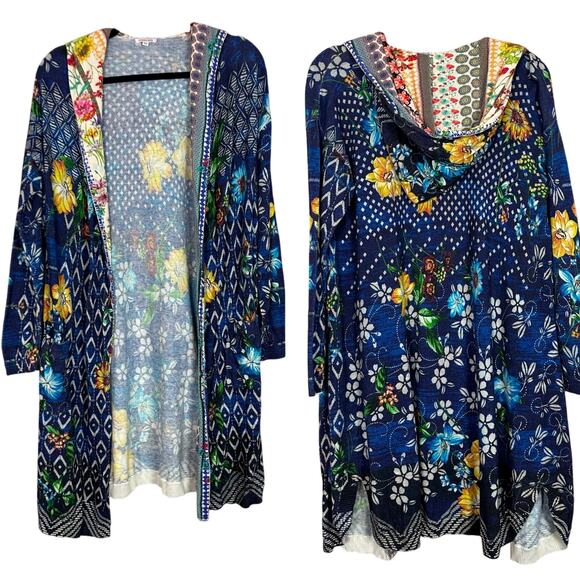 JOHNNY WAS Cotton Cashmere Printed Duster Hoodie Cardigan Blue Yellow Size XS - Picture 1 of 8